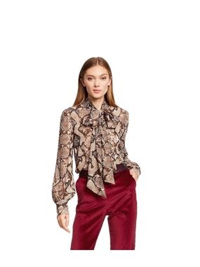 Altuzarra For Target Brown Snake-Print Tie-Neck Blouse